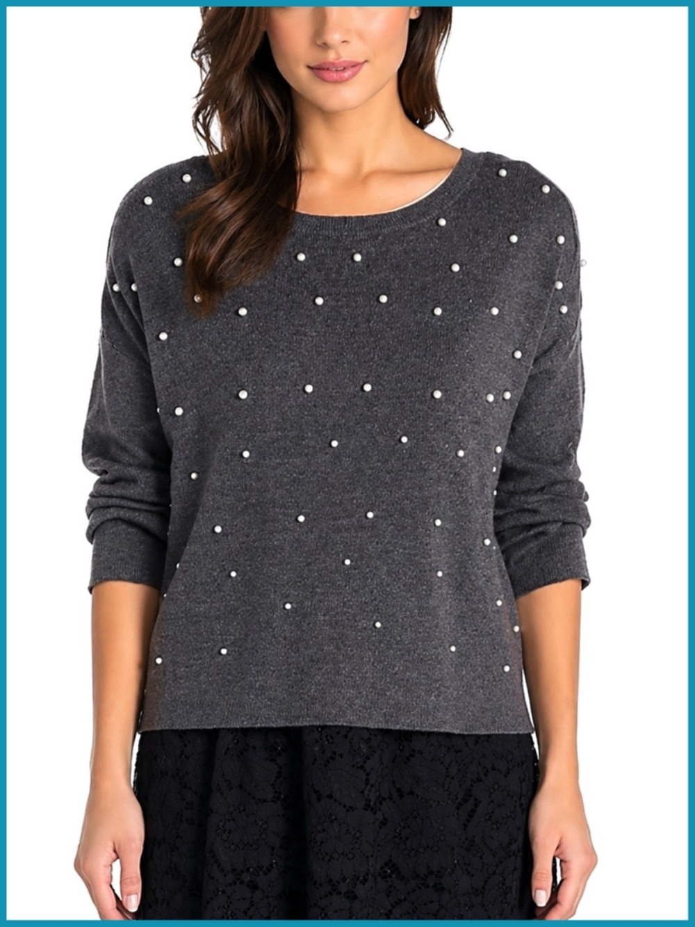 Romeo & Juliet Couture Gray Pearl Studded Long Sleeve Pullover Sweater